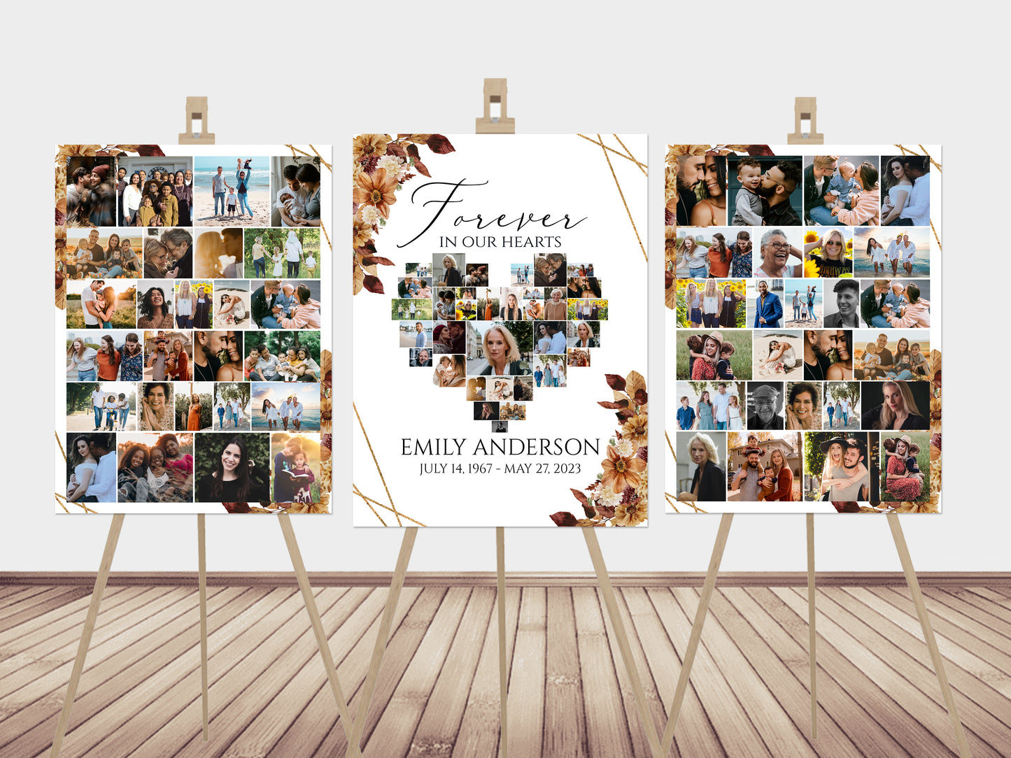 Forever in our Hearts Fall Orange Brown Dried Leaves Autumn Heart Photo Collage Funeral Welcome Sign Set Fall Forever in our Hearts Memorial Photo