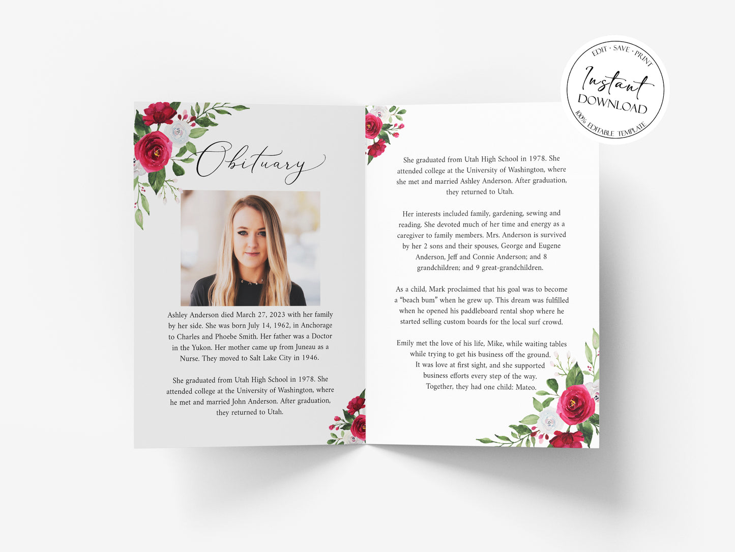 8 Page Celebration of Life White Pink Roses Gold Funeral Program Template P2