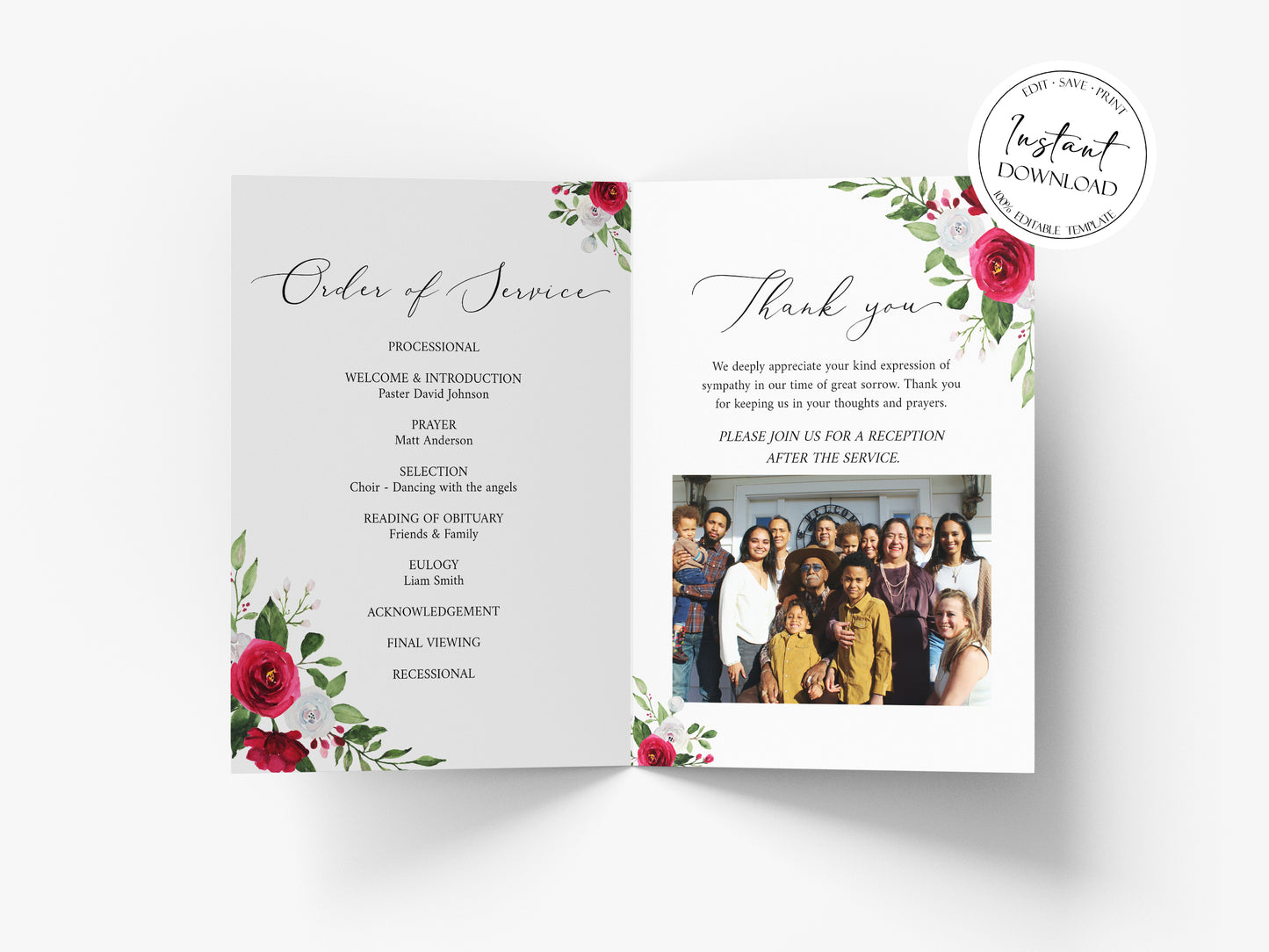 8 Page Celebration of Life White Pink Roses Gold Funeral Program Template P2