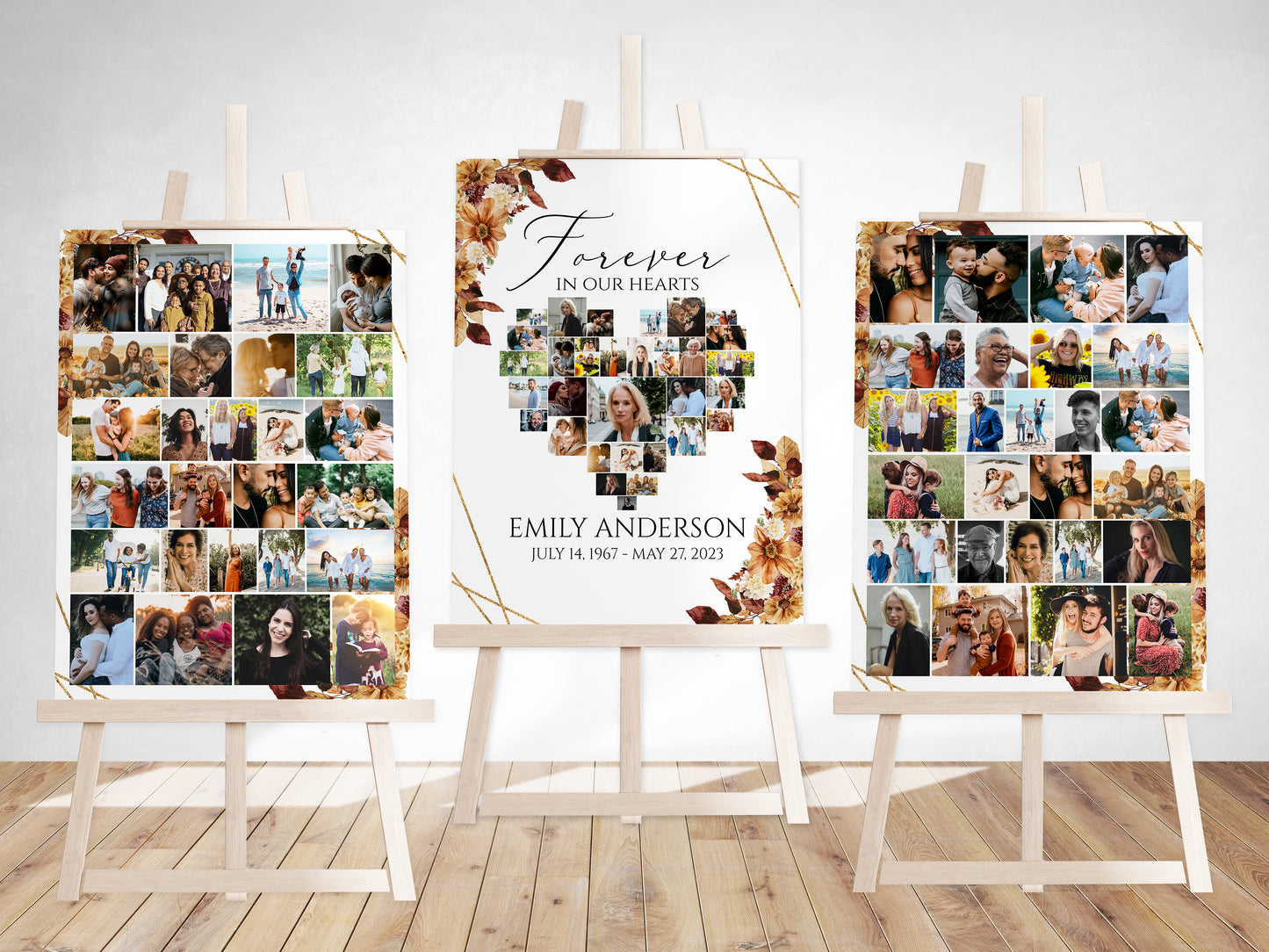 Forever in our Hearts Fall Orange Brown Dried Leaves Autumn Heart Photo Collage Funeral Welcome Sign Set Fall Forever in our Hearts Memorial Photo Display Set