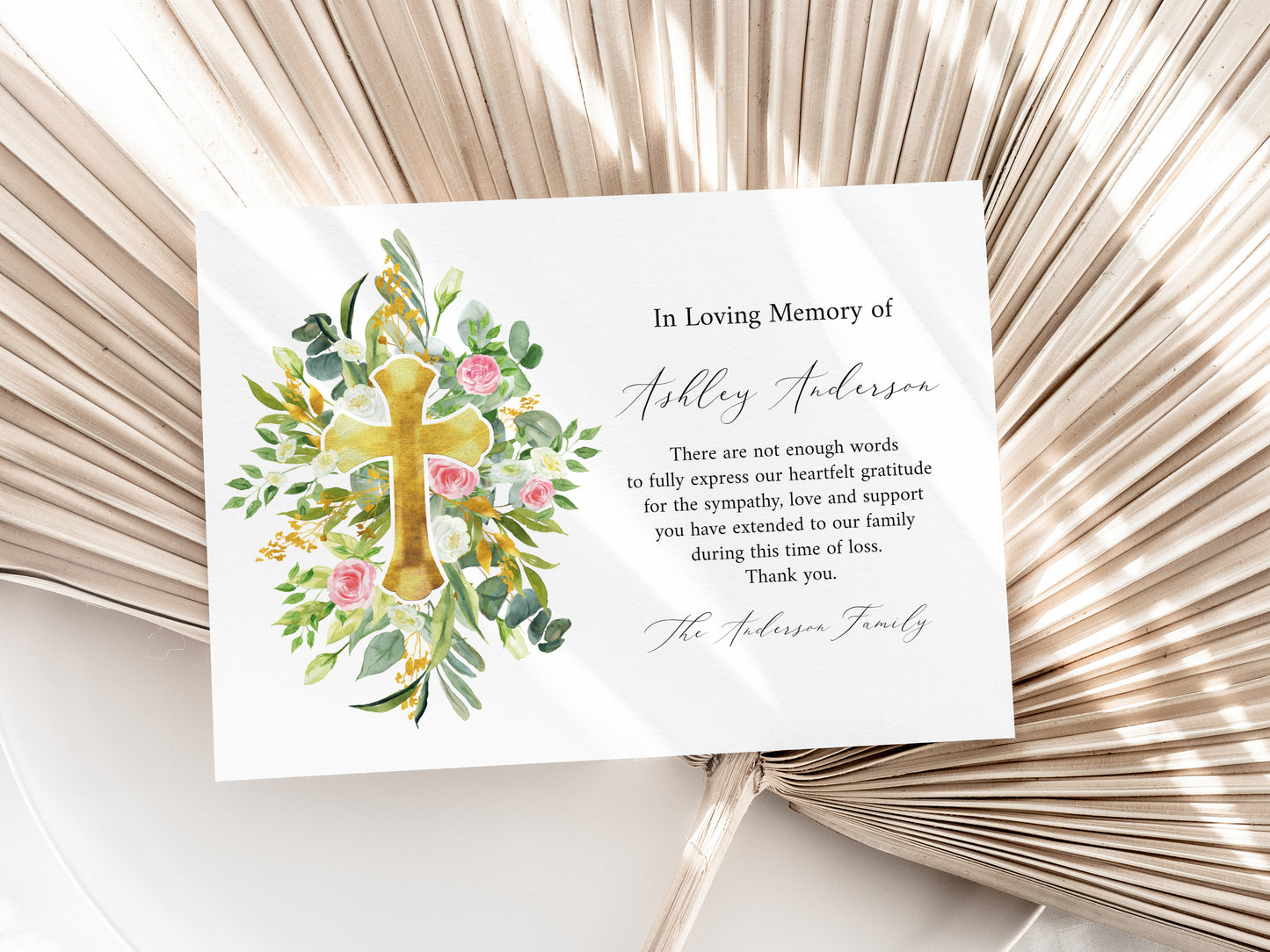 In Loving Memory Of Watercolor Greenery Gold Cross Funeral Thank You Card Template, Printable Watercolor Greenery Cross Memorial Card, Editable Sympathy Card