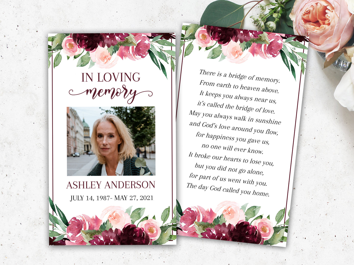 Editable Red Funeral Prayer Card, Printable Memorial Prayer Card, Red Roses Funeral Prayer Card Celebration of life Catholic Prayer Cards R3