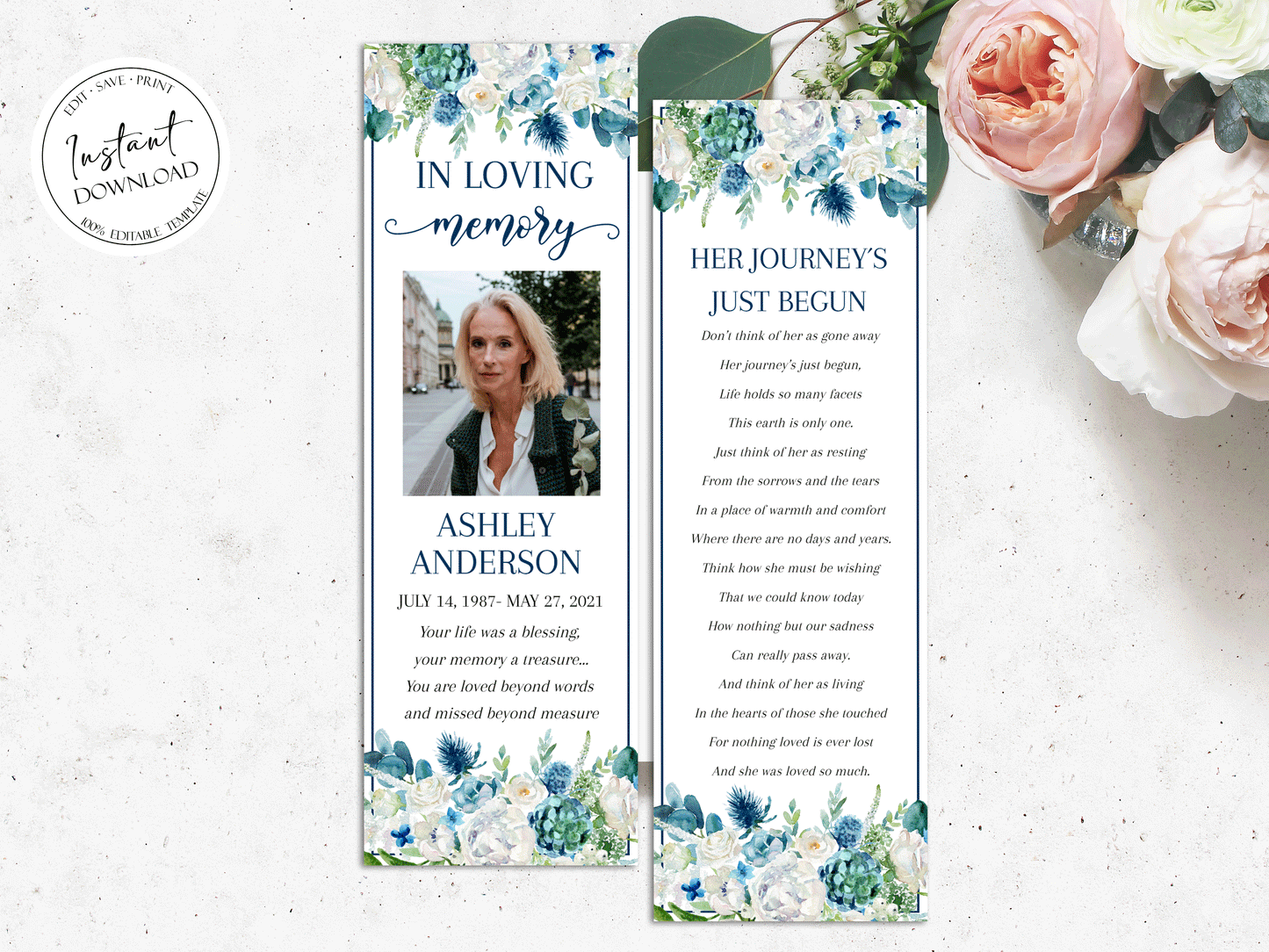 In Loving Memory Blue White Floral Funeral Bookmark Template, Blue White Funeral Bookmark, Memorial Bookmark, Obituary Bookmark, Funeral Memory Bookmark B1