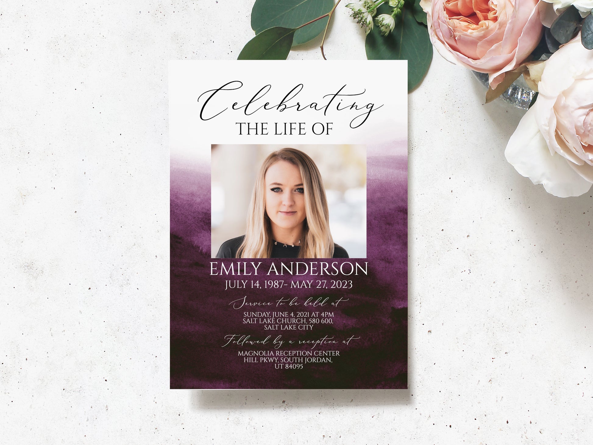 Celebration of life Pink Fuchsia Watercolor Funeral Invitation Template, Pink Watercolor Funeral Announcement, Purple Memorial Service Invite