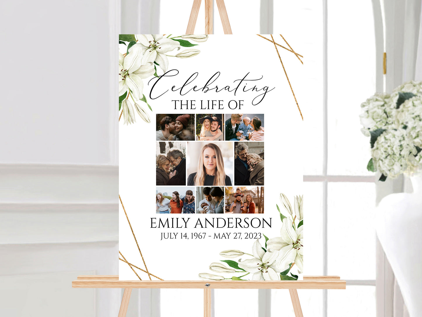 Celebration Of Life White Lilies Greenery Gold Photo Collage Funeral Welcome Sign Template, Editable White Lilies Photo Collage Funeral Poster, Photo Memorial Sign