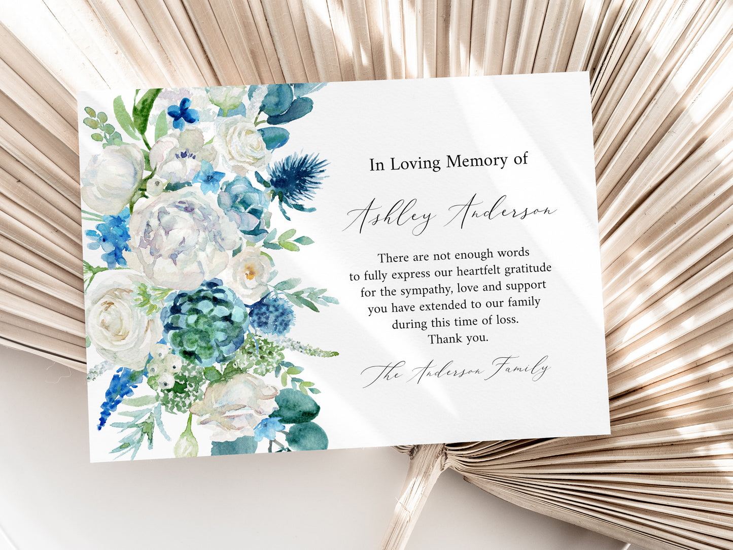 In loving memory Blue White Floral Funeral Thank You Card Template Blue Flowers Funeral Thank You, Printable Memorial Card, Editable Sympathy Card B1