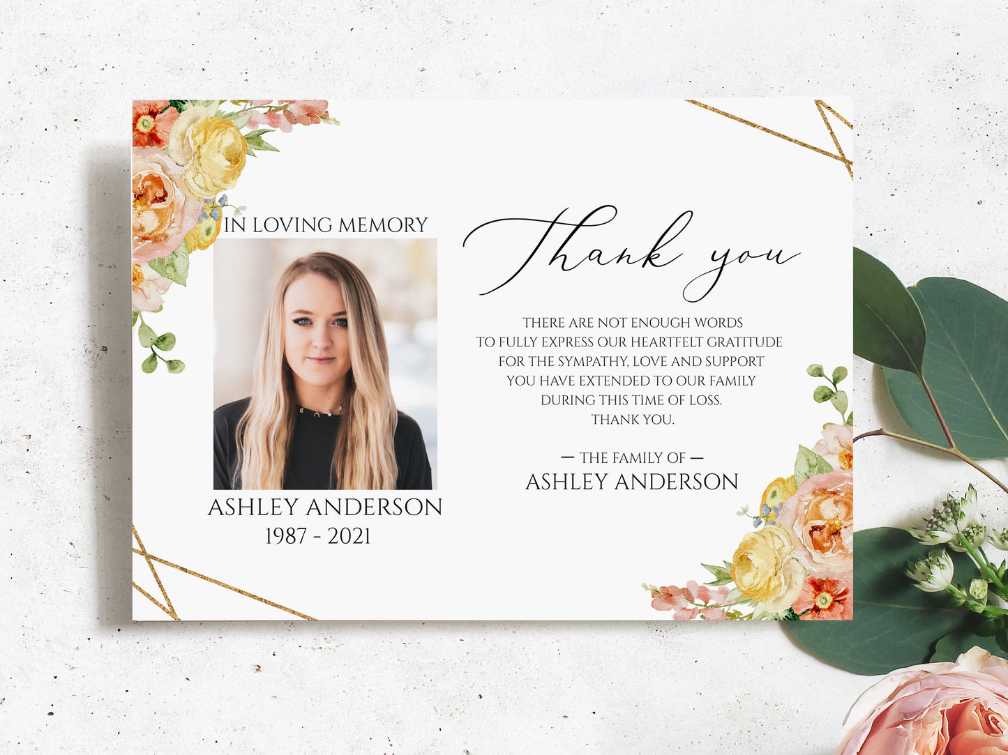 Celebration of life Elegant Yellow Pink Floral Funeral Photo Thank You Card Template, Printable Elegant Yellow Pink Floral Memorial Card, Editable Elegant Sympathy Cards