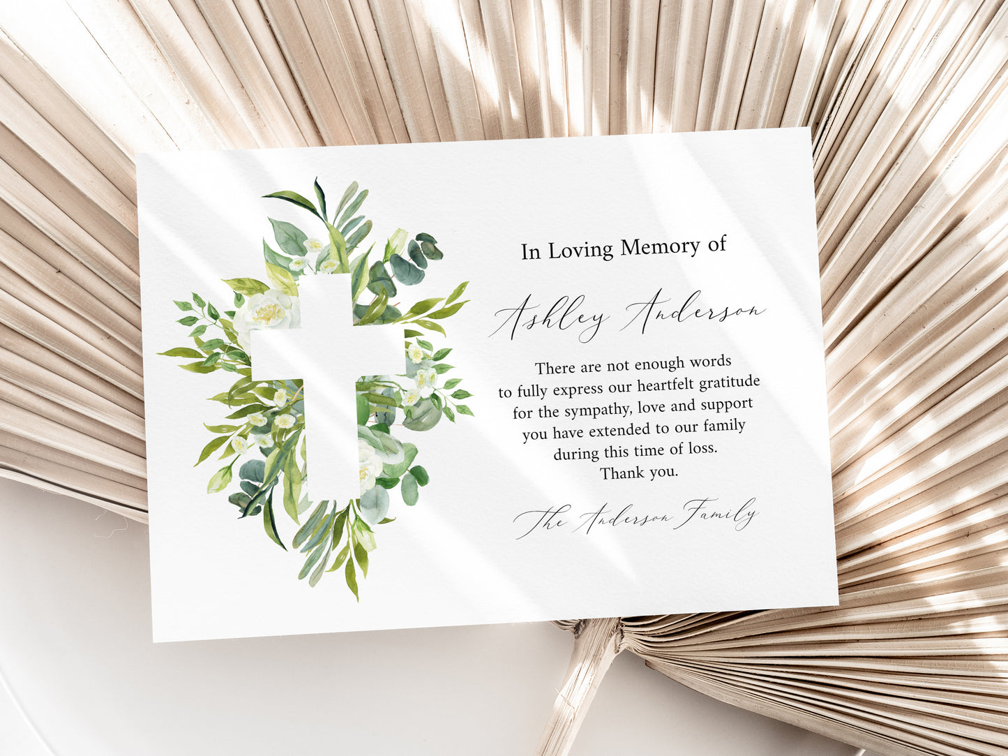 In Loving Memory Of Watercolor Greenery Cross Funeral Thank You Card Template, Printable Watercolor Greenery Cross Memorial Card, Editable Sympathy Card