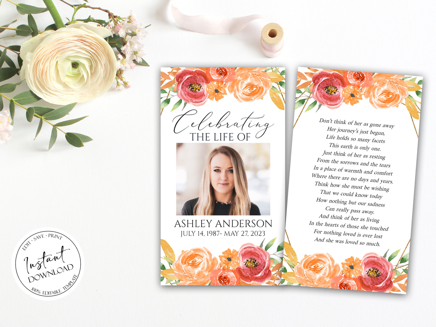 Editable Celebration of life Orange Floral Gold Fall Funeral Prayer Cards Template, Printable Fall Memorial Prayer Card, Autumn Funeral Prayer Card, Orange Catholic Card