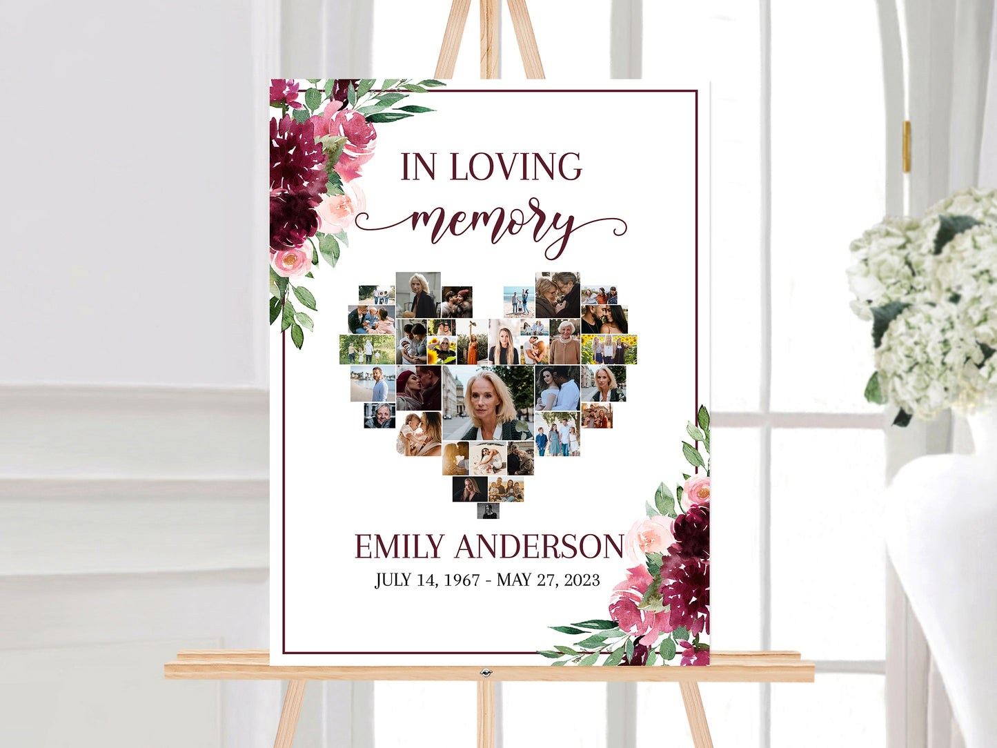 Celebration Of Life Red Roses Heart Funeral Welcome Sign, Editable Hearts Memorial Photo Collage Poster, Forever in our Heart Memory Sign R3