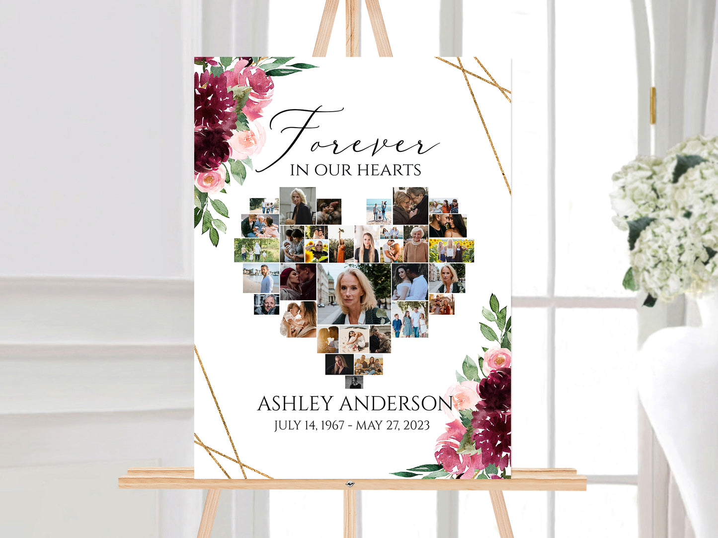 Celebration Of Life Red Roses Heart Funeral Welcome Sign, Editable Hearts Memorial Photo Collage Poster, Forever in our Heart Memory Sign R3
