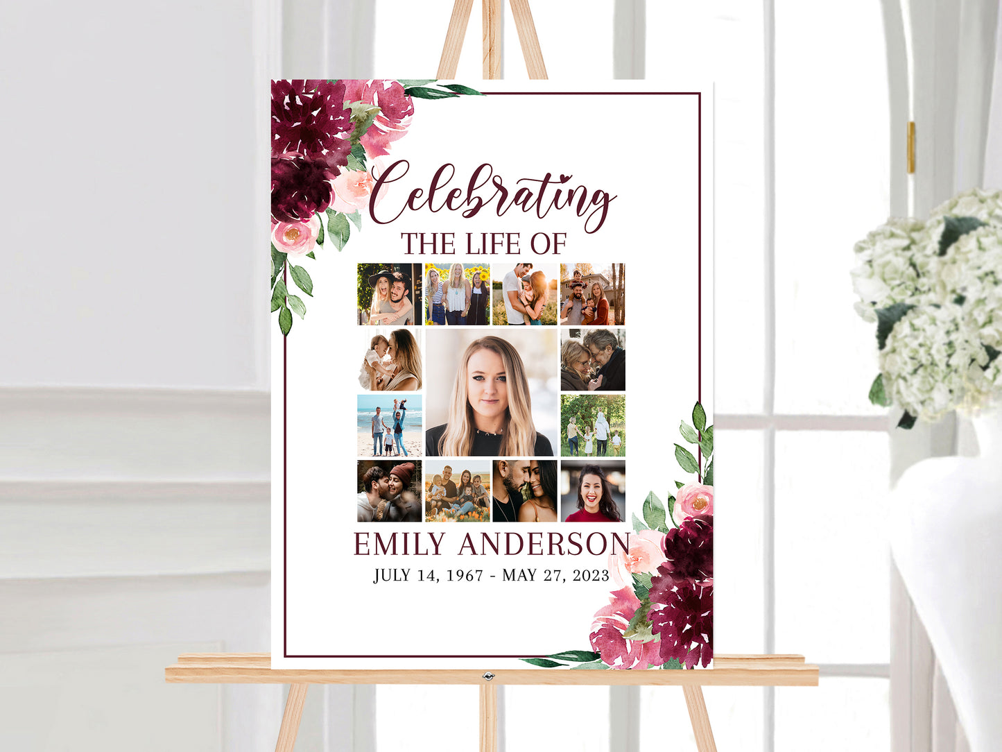 Celebration Of Life Red Photo Collage Funeral Welcome Sign, Red Roses Photo Collage Funeral Poster, Burgundy Photo Collage Memorial Sign R3