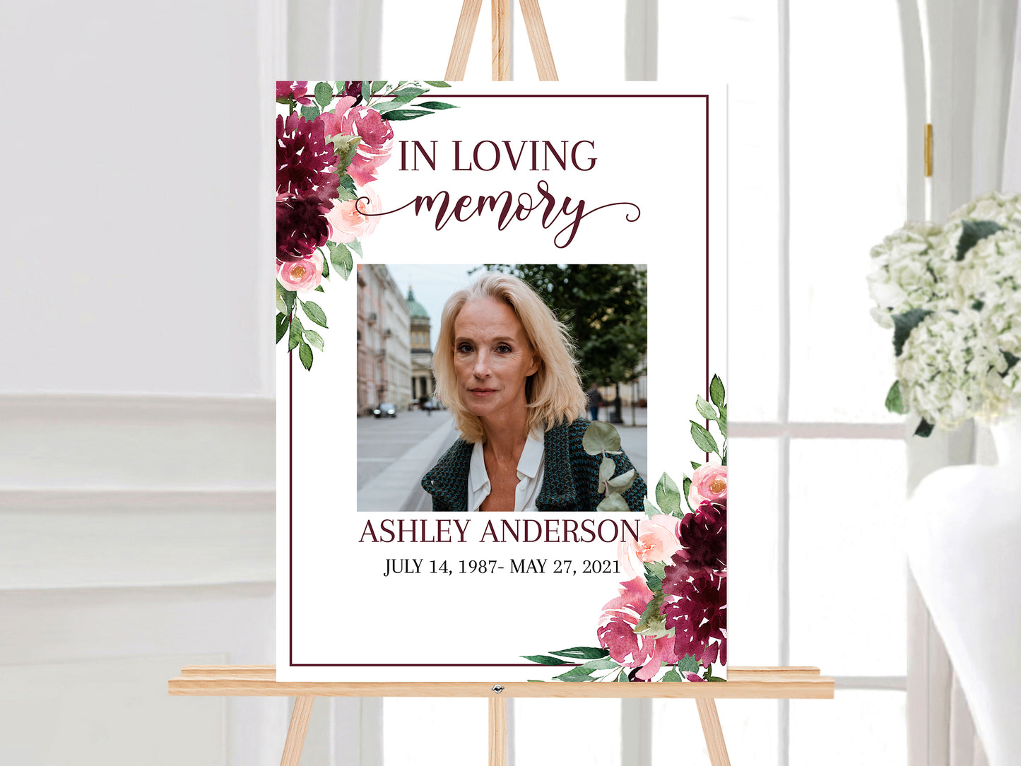 Red Roses Funeral Welcome Sign, Celebration Of Life, In Loving Memory, Red Roses Memorial Sign, Editable Red Funeral Sign, Burgundy Funeral R3