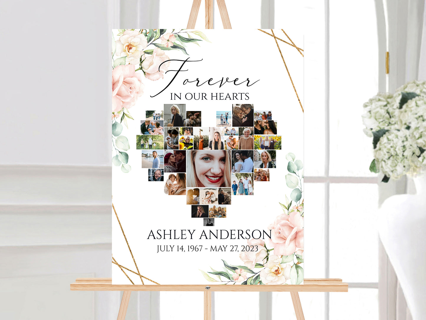 Celebration Of Life Heart Funeral Welcome Sign Editable Pink Heart Funeral Photo Collage Poster Heart Memorial Sign Forever in our Hearts P4