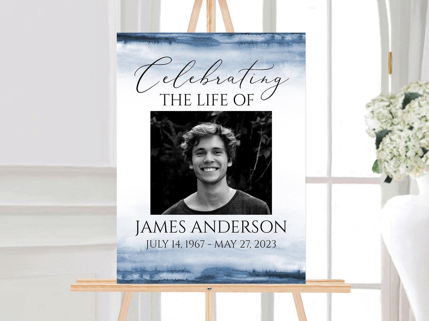 Celebration Of Life Blue Watercolor Funeral Poster, Editable 5 Photo Collage Funeral Welcome Signs, Blue Watercolor Memorial Sign Funeral Poster Photo Display Set of 5