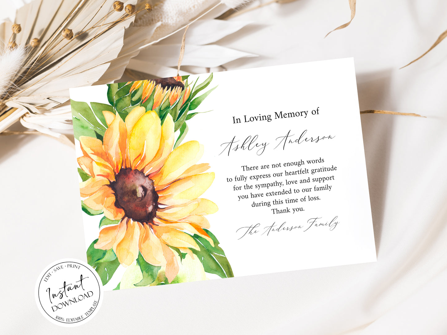 Celebration of life Sunflower Funeral Thank you Card Template , Editable Sunflower In Loving Memory Of Card, Sympathy Thank you Card, Printable Sunflower Memorial Thank You Card