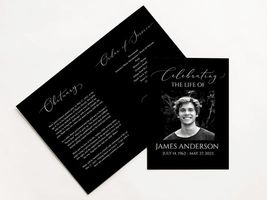 11x17 Celebration of Life Minimalist Elegant Black Funeral Program Template B
