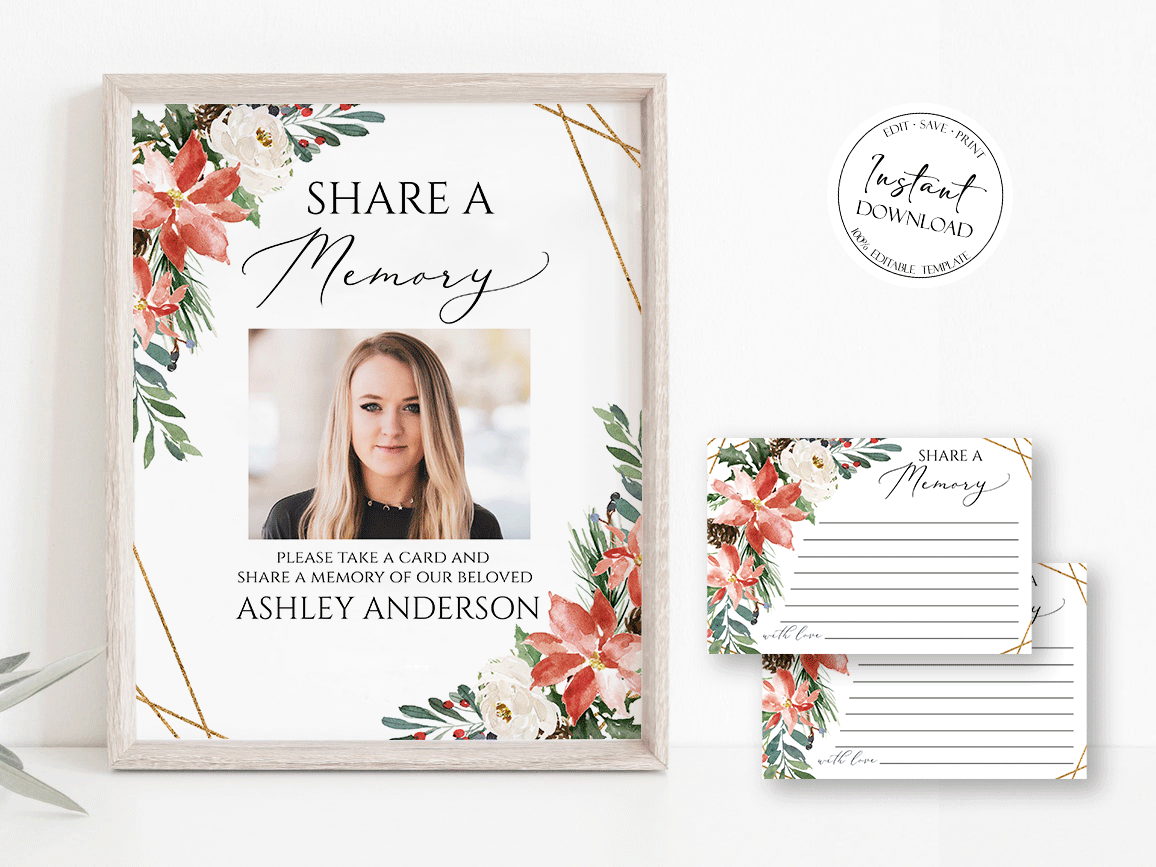 Christmas Winter Red Greenery Gold Share a Memory Funeral Sign Share a Memory Card Template, Printable Winter Funeral Memory Card, Winter Funeral share a memory