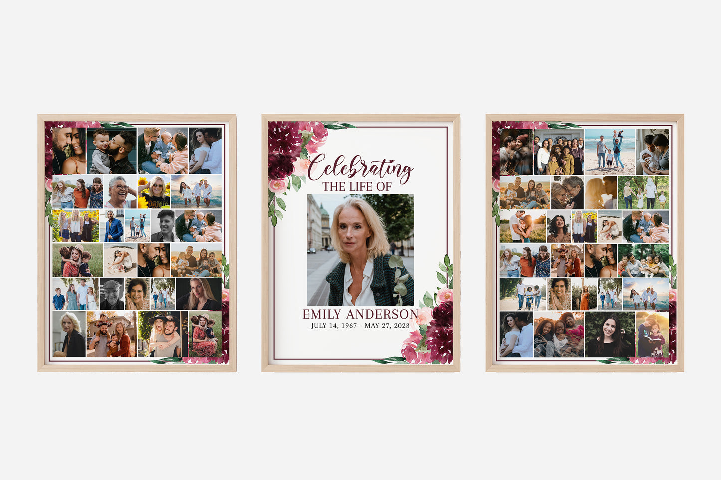 Celebration Of Life Burgundy Red Roses Photo Collage Funeral Welcome Sign Set Templates, Photo Memorial Sign, Burgundy Funeral Poster Photo Display Set R3