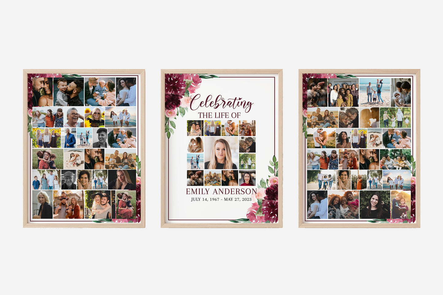 Celebration Of Life Burgundy Red Roses Photo Collage Funeral Welcome Sign Set Templates, Memorial Sign, Burgundy Red Roses Funeral Poster Photo Display Set