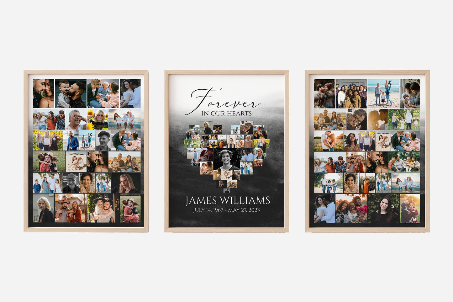 Forever in our Hearts Black Watercolor Heart Photo Collage Funeral Welcome Sign Set Template, Forever in our Hearts Memorial Photo Display Set B6