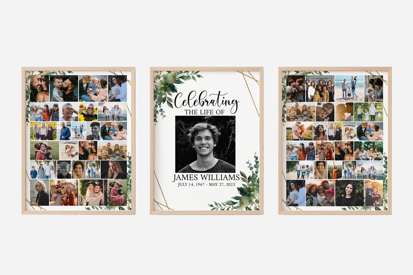 Celebration Of Life Watercolor Greenery Gold Photo Collage Funeral Welcome Sign Templates Q1