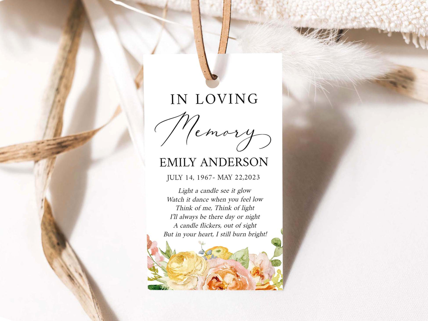 In Loving Memory Elegant Yellow Pink Floral Funeral Favor Tag Template, Floral Memorial Candle Favor Tag, Editable Elegant Yellow Funeral Favors