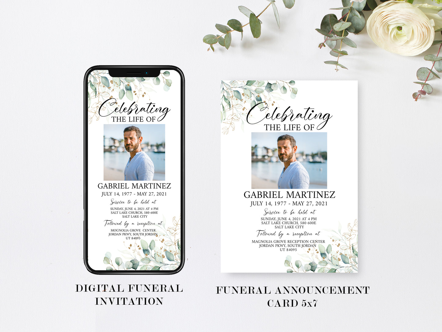 Celebration of Life Watercolor Greenery Gold Funeral Bundle G1