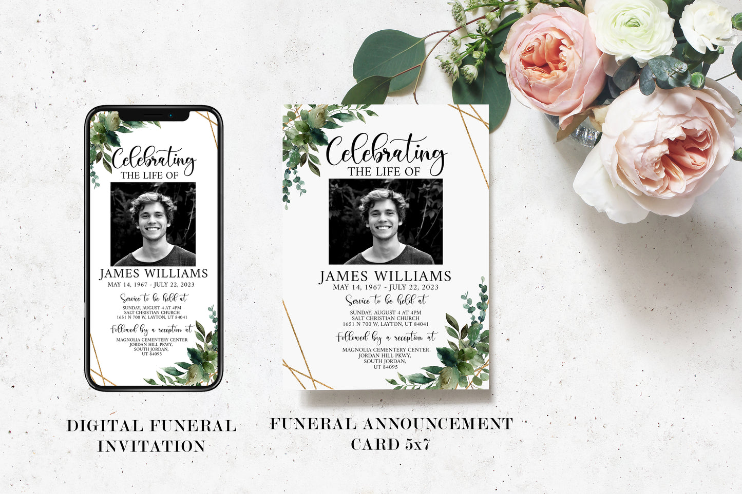 Celebration of Life Watercolor Greenery Gold Funeral Bundle Q1