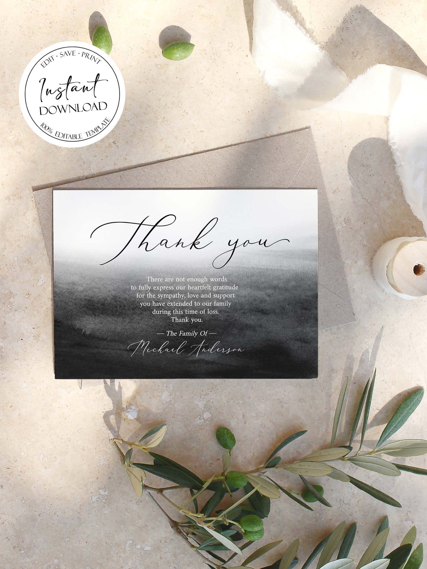 Celebration of life Black Watercolor Funeral Thank You Card Template, Black Memorial Card, Printable Black Funeral Thank You Card Template, Black Sympathy Card