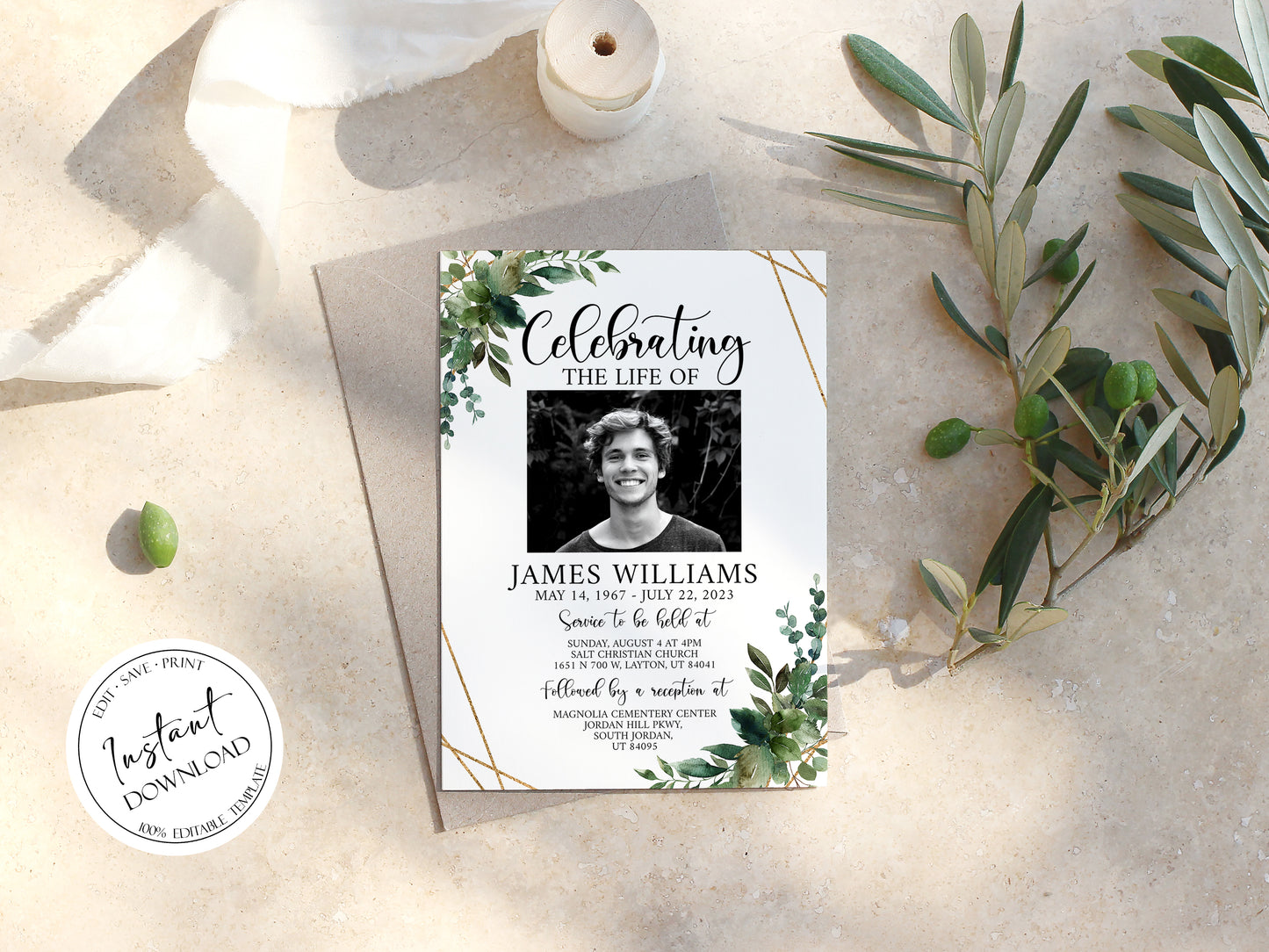 Celebration of life Watercolor Greenery Gold Funeral Invitation Template, Funeral Announcement, Funeral Cards Template, Printable Greenery Memorial Invitation Q1