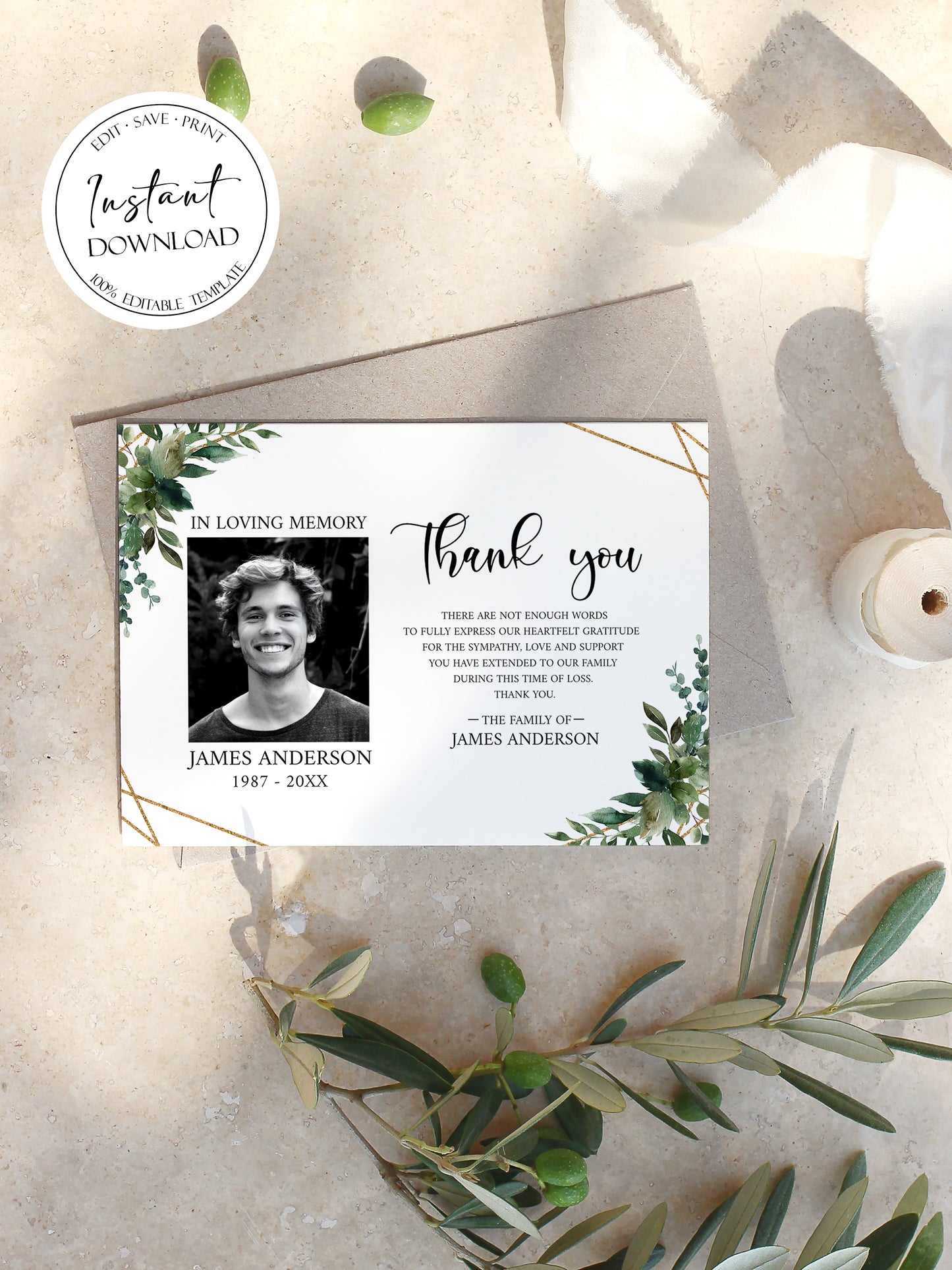 Celebration of life Watercolor Greenery Gold Funeral Photo Thank You Card Template Q1