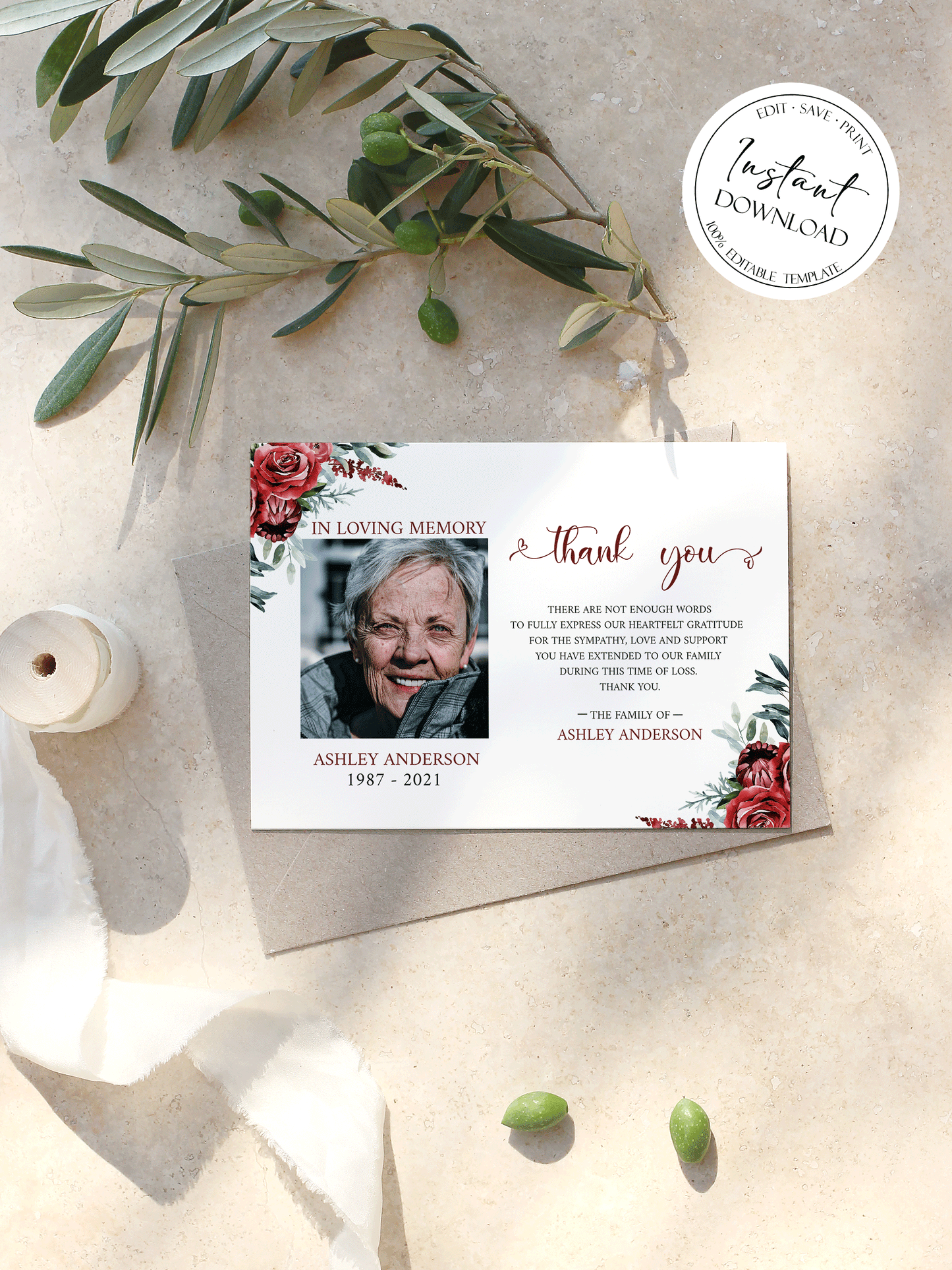 Burgundy Funeral Photo Thank You Cards, Memorial Card, Celebration of life, Printable Red Roses Funeral Photo Thank You Card, Red Sympathy Card P2
