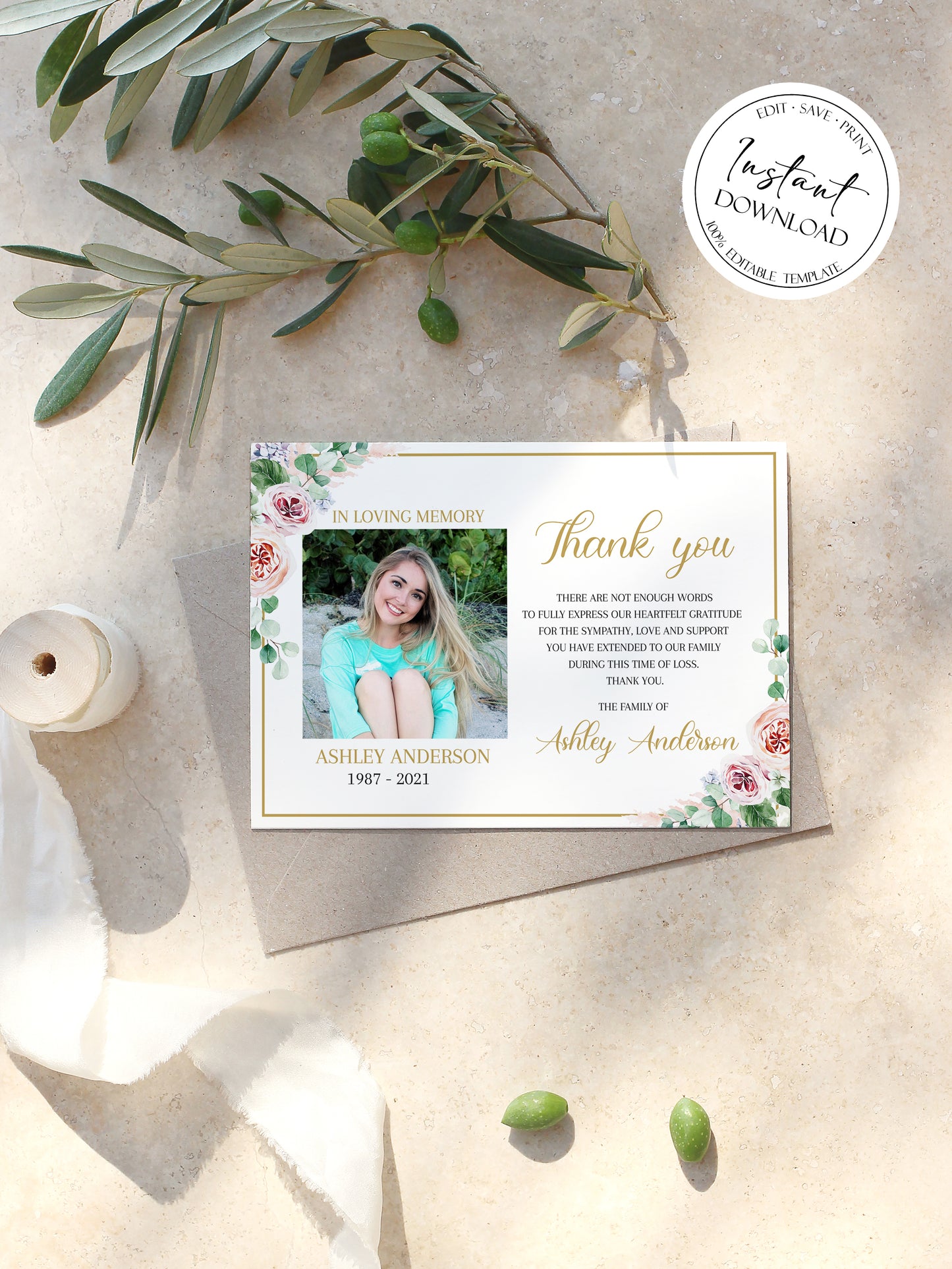 Pink Roses Funeral Thank You Cards, Celebration of life Funeral Photo Thank You Card, Memorial Thank You Cards, Editable Sympathy Card P4