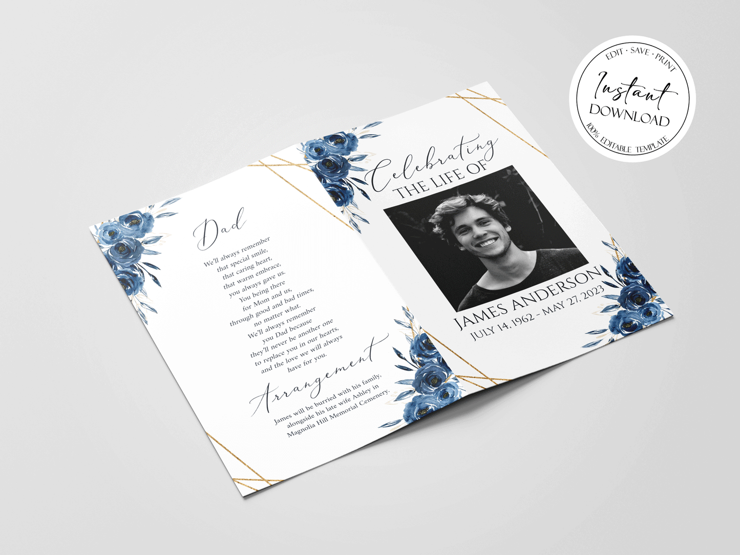 11x17 Celebration Of Life Royal Blue Flowers Gold Funeral Program Template, Blue Funeral Brochure, Blue Memorial Program, Obituary Program, Funeral program template for man B2