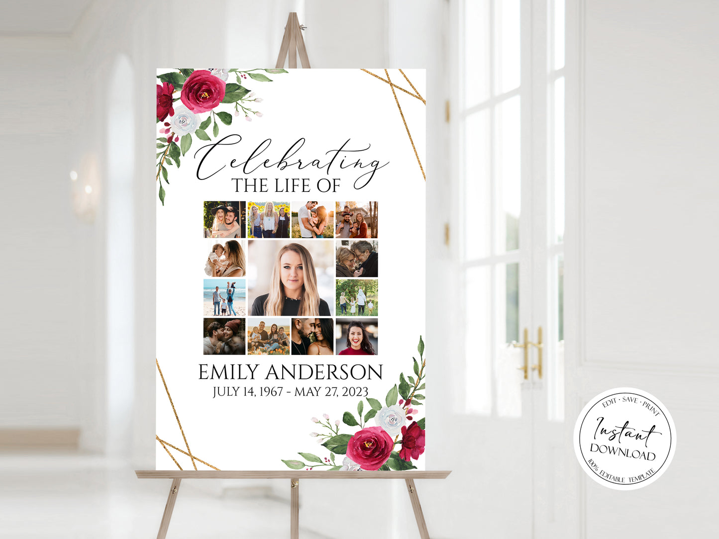 Celebration Of Life White Pink Roses Photo Collage Funeral Welcome Sign Template Multiple Photos Funeral Poster, Editable White Pink Roses Photo Collage Memorial Sign