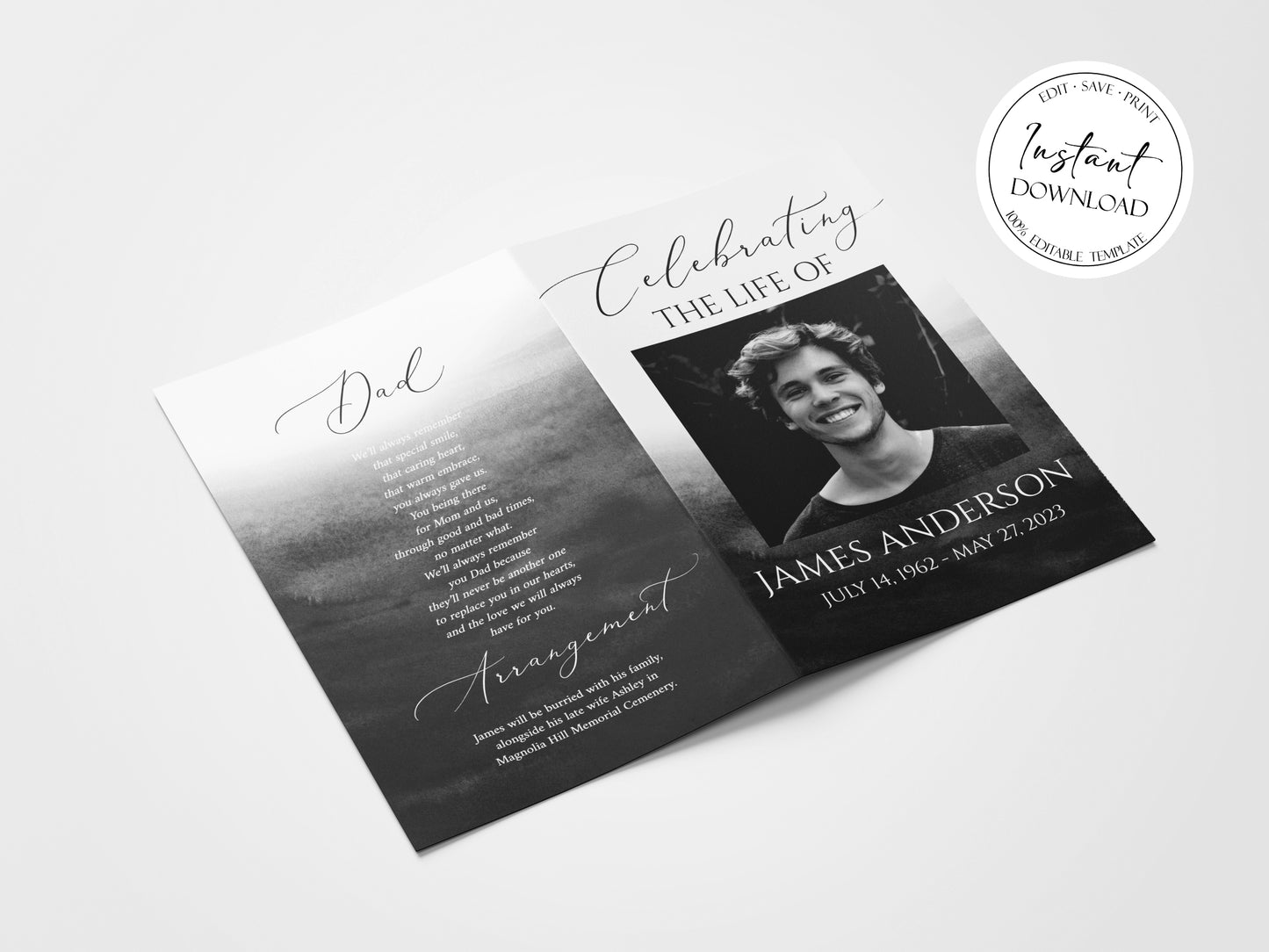 Celebration of Life Black Watercolor Funeral Program Template, Black Watercolor Funeral Brochure, Black Memorial Program, Black Obituary Program for men B6