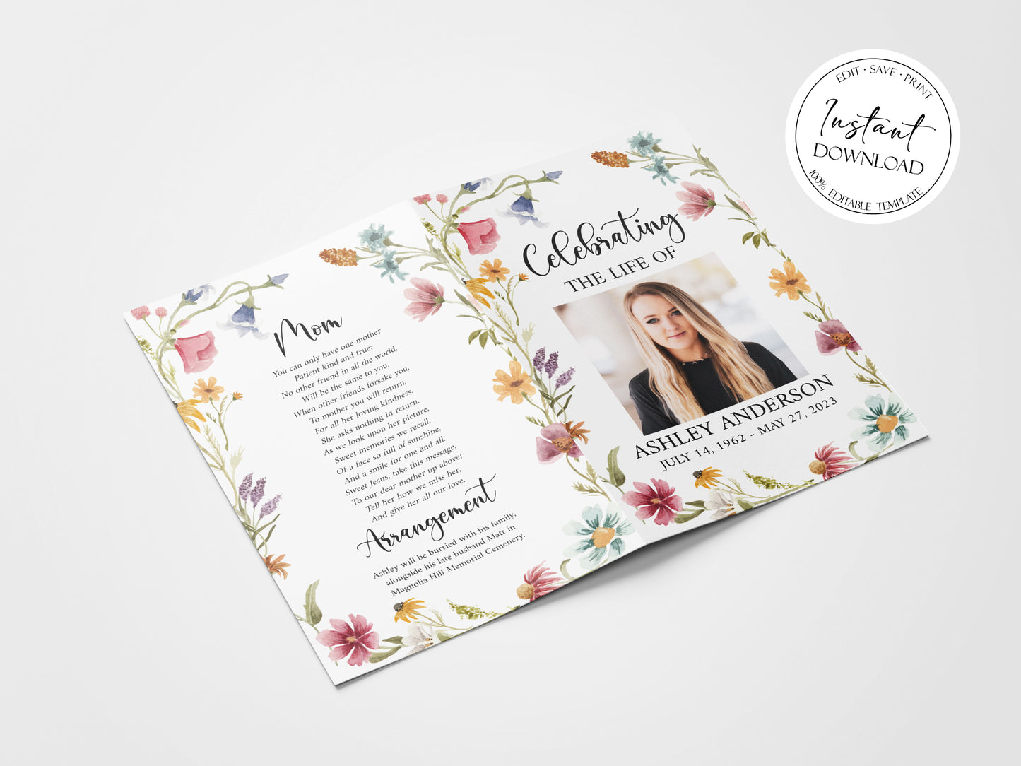 11x17 Celebration of life Red Greenery Wildflower Meadow Funeral Program Template Wildflower Funeral Program Template, Wildflower Memorial Program