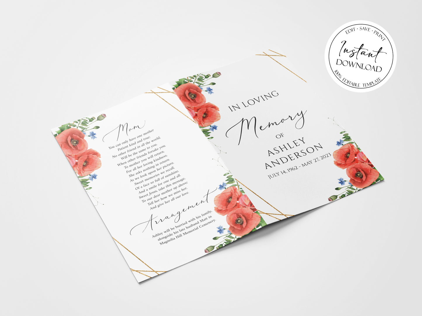 In Loving Memory of Red Poppies Greenery Funeral Program Template, Red Poppies Funeral Program Template, Red Poppies Memorial Program, Obituary Program