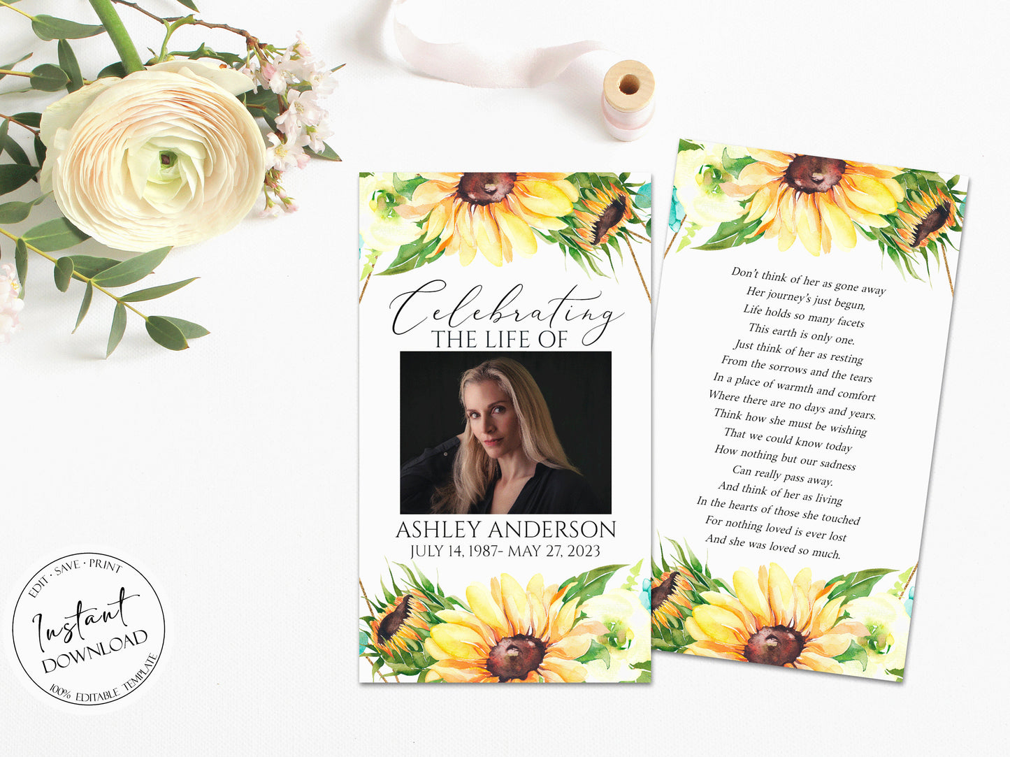 Editable Sunflower Funeral Prayer Card Template, Printable Sunflower Memorial Prayer Card, Funeral Prayer Card, Catholic Mass Card, Sunflower Obituary Card