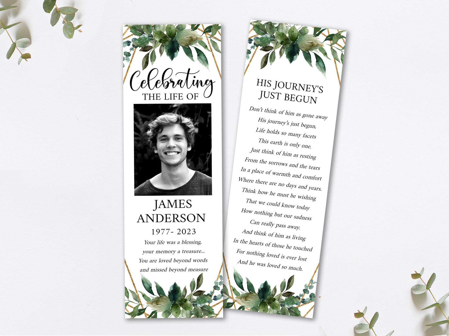 Celebration of life Watercolor Greenery Gold Funeral Bookmark Template, Celebration of Life Bookmark, Funeral Keepsake Cards, Greenery Memorial Bookmark, Obituary Bookmark Q1