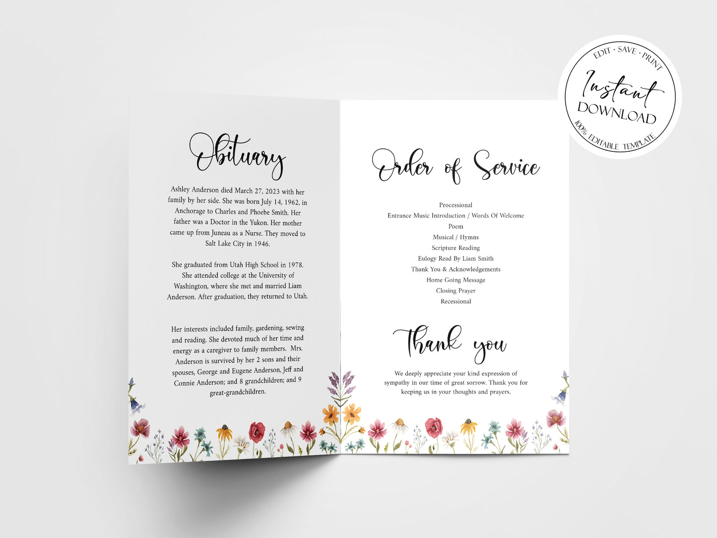 11x17 Celebration of life Red Greenery Wildflower Meadow Funeral Program Template Wildflower Funeral Program Template, Wildflower Memorial Program