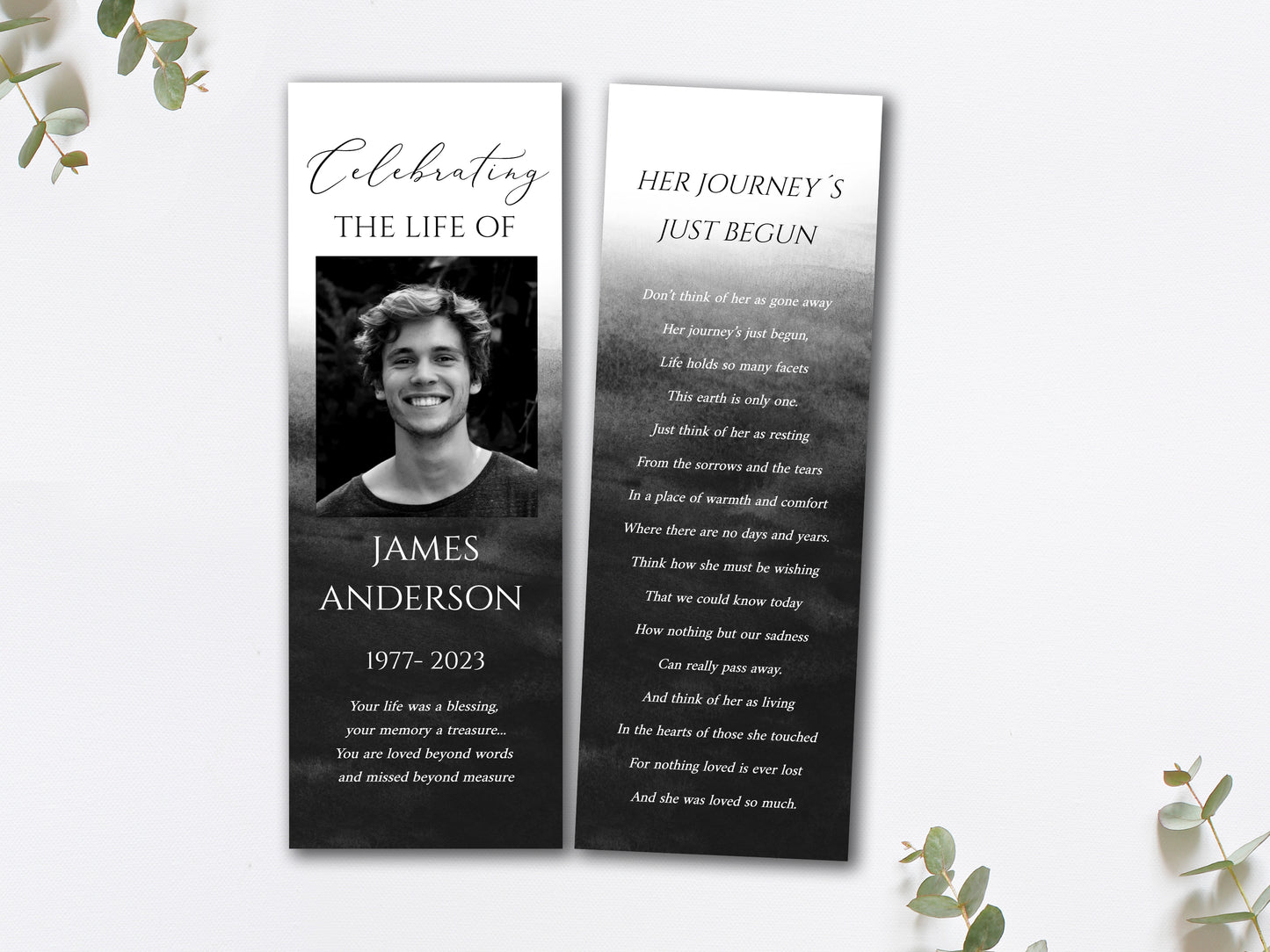 Celebration of Life Black Watercolor Funeral Bookmark Template, Funeral Keepsake Cards, Black Watercolor Memorial Bookmark, Obituary Bookmark