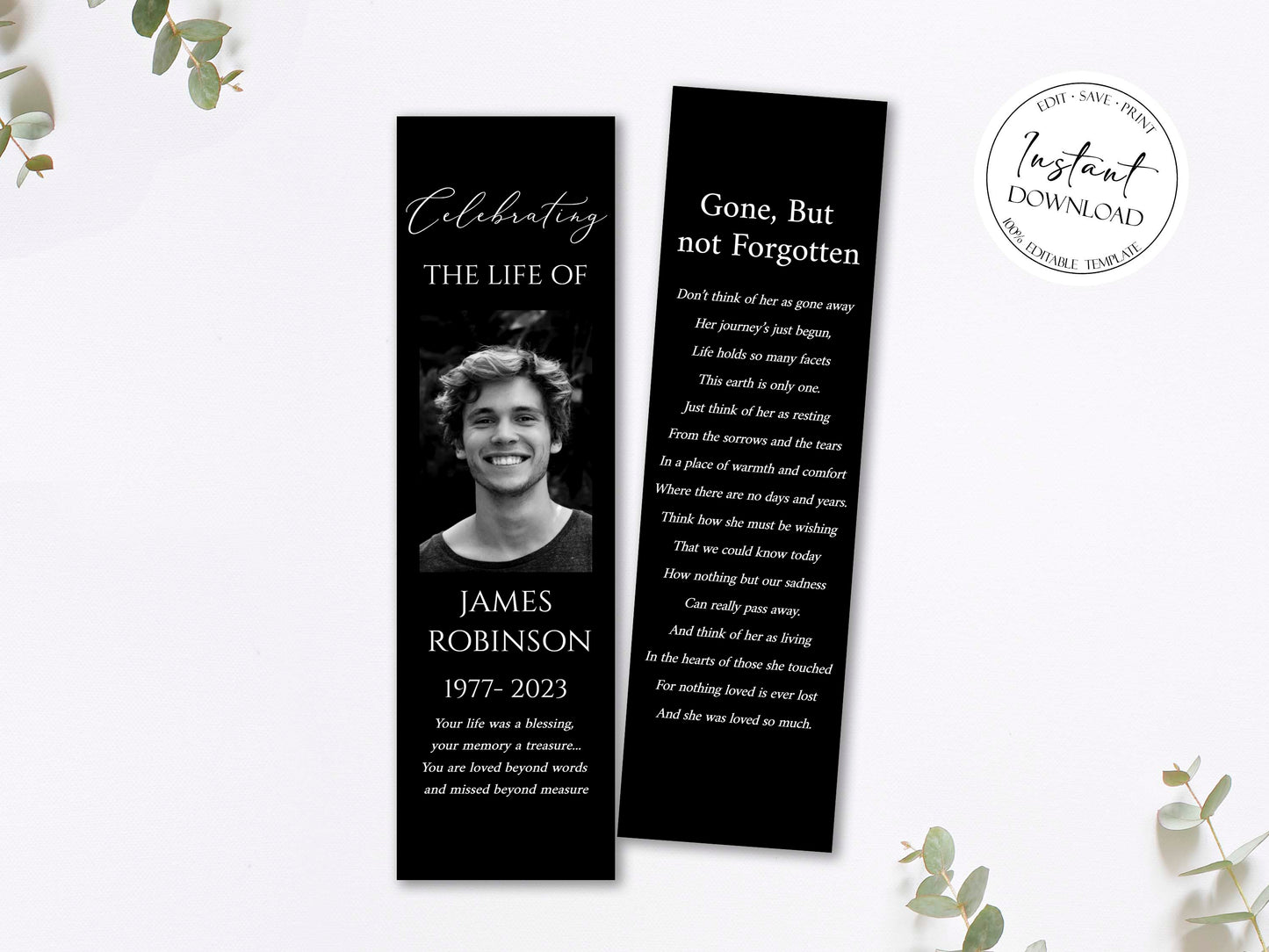 Celebration of Life Minimalist Elegant Black Funeral Bookmark Template, Minimalist Elegant Black Memorial Bookmark Black Obituary Bookmark B4