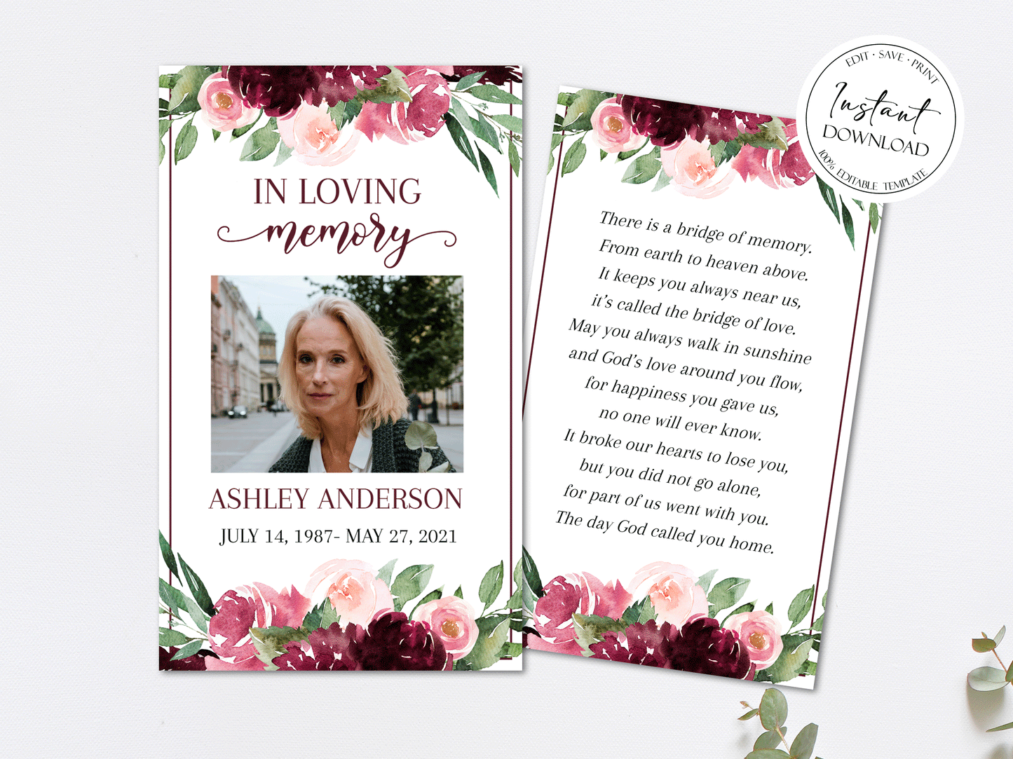 Editable Red Funeral Prayer Card, Printable Memorial Prayer Card, Red Roses Funeral Prayer Card Celebration of life Catholic Prayer Cards R3