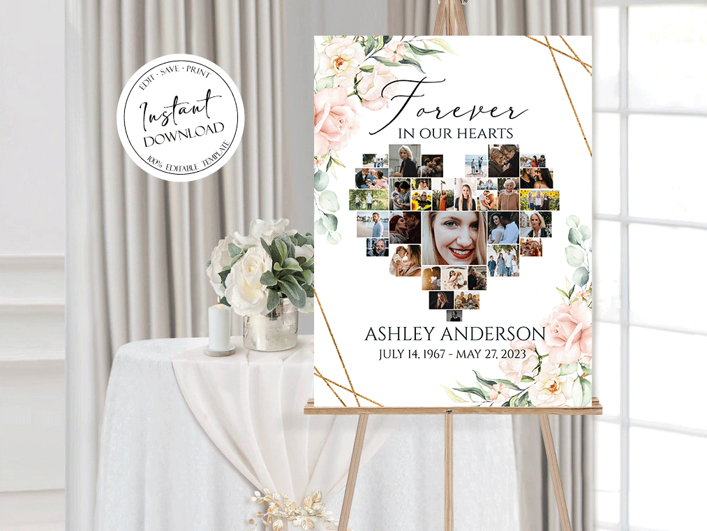 Celebration Of Life Heart Funeral Welcome Sign Editable Pink Heart Funeral Photo Collage Poster Heart Memorial Sign Forever in our Hearts P4