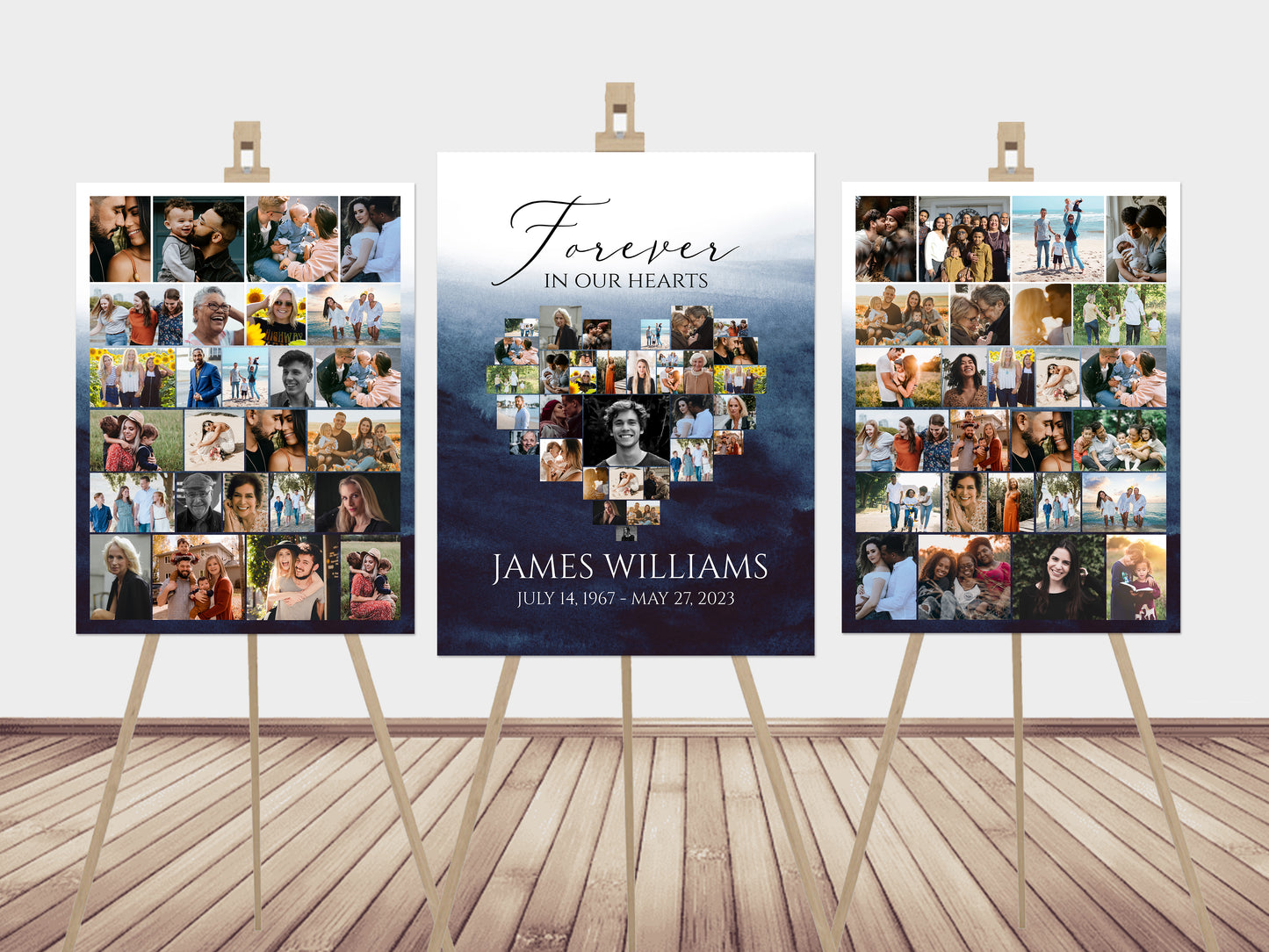 Celebration Of Life Funeral Poster, Blue Watercolor Heart Photo Collage Funeral Sign, Ocean Forever in our Hearts Memorial Photo Display Set B5
