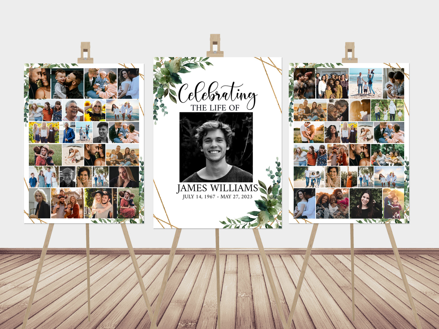 Celebration Of Life Watercolor Greenery Gold Photo Collage Funeral Welcome Sign Templates Q1