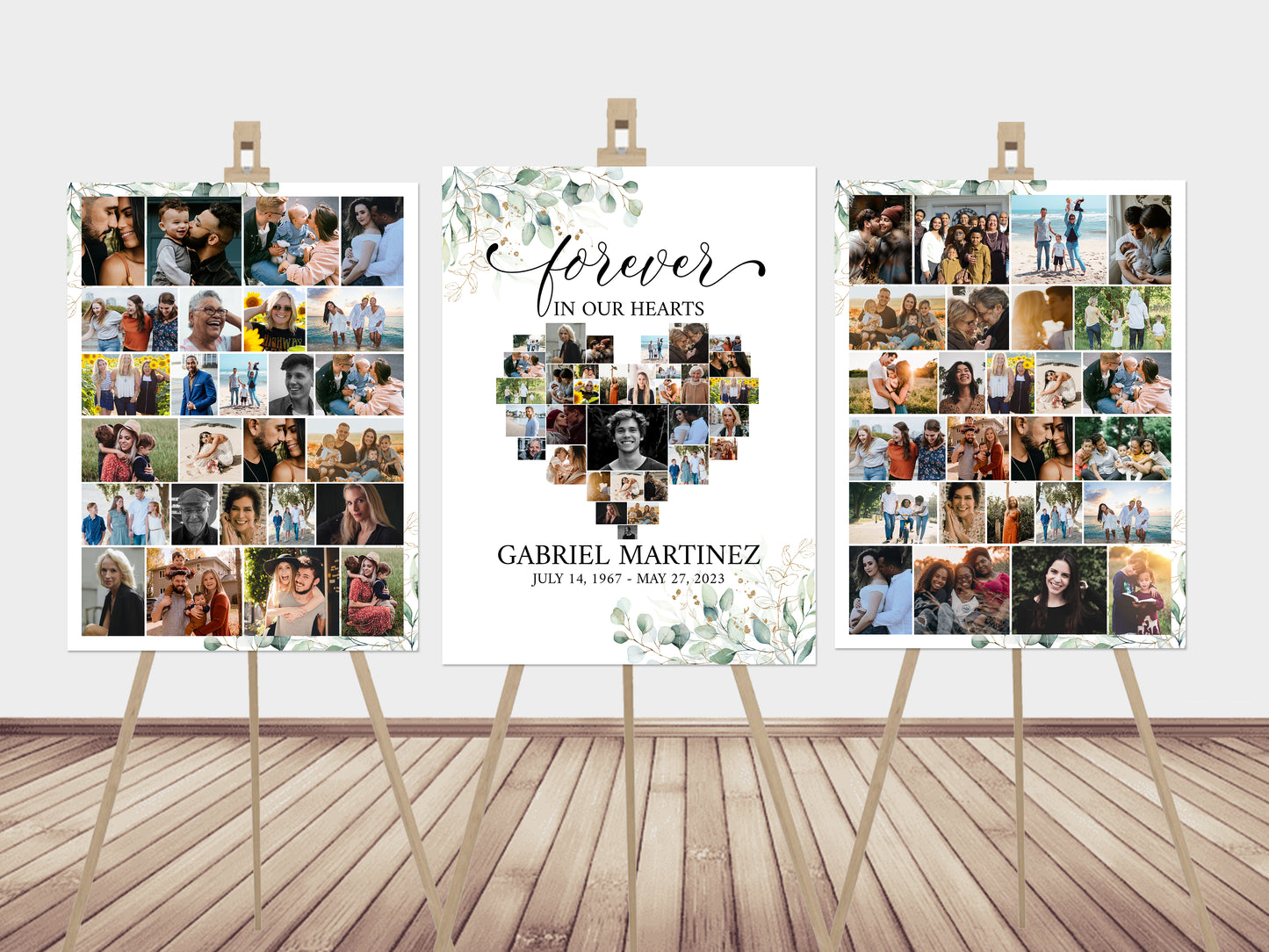 Editable Greenery Heart Photo Collage Funeral Sign, Forever in our Hearts Watercolor Greenery Gold Photo Collage Funeral Welcome Sign Templates, Memorial Photo Display Set G1