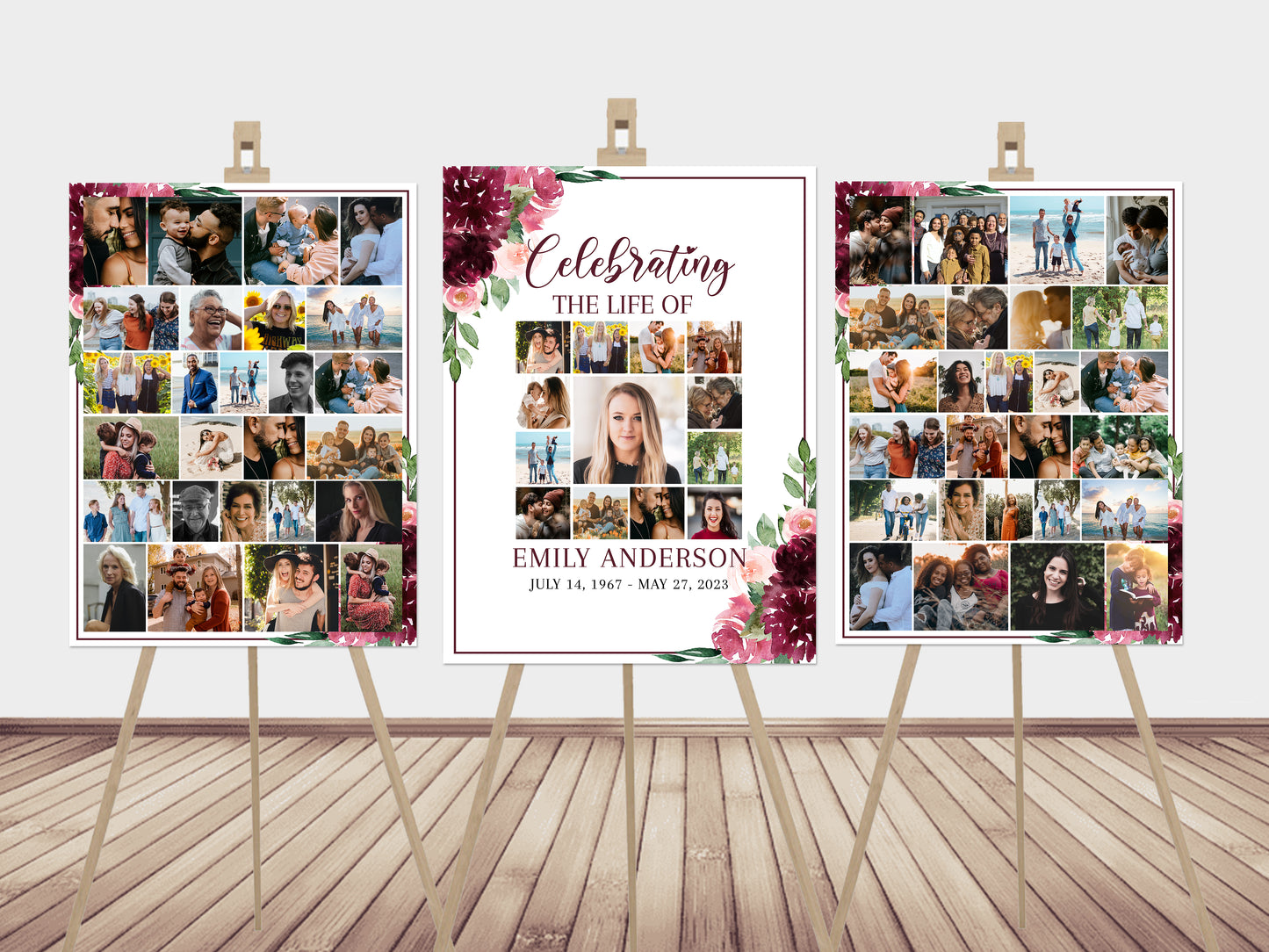Celebration Of Life Burgundy Red Roses Photo Collage Funeral Welcome Sign Set Templates, Memorial Sign, Burgundy Red Roses Funeral Poster Photo Display Set